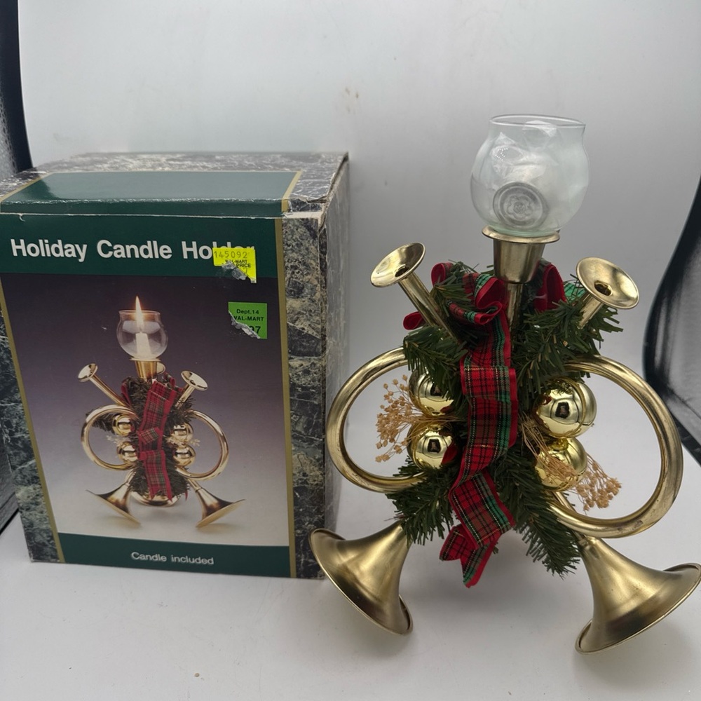 VTG Walmart brass  French Horn Christmas Holiday Candle Holder  10” red Ribbon